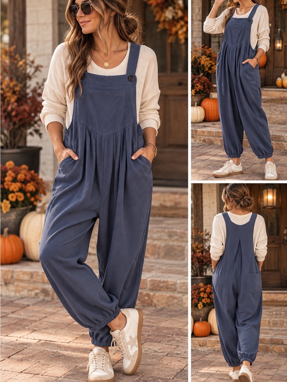 Halara Blue Pleated Harem Overalls Jumpsuit Size Large NWT